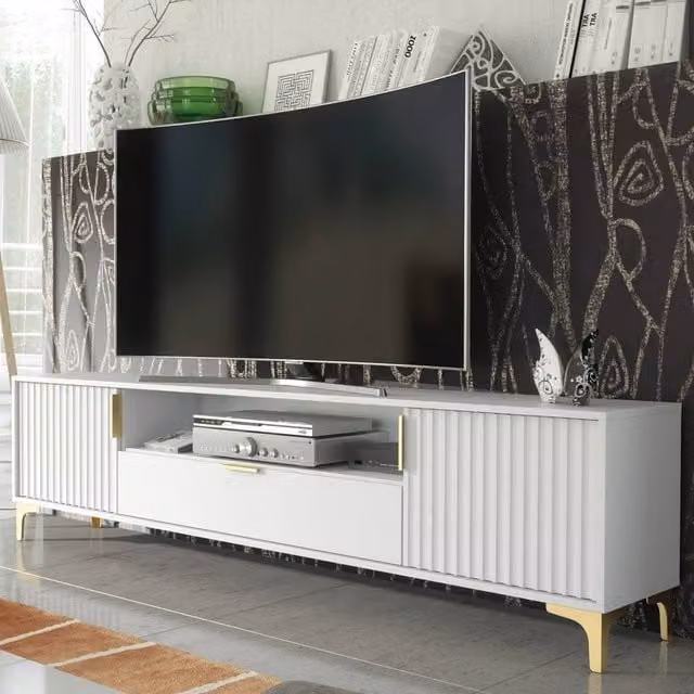 Mex Furniture LTD Tide Crest Modern TV Unit in White and Gold, W: 200 cm, D: 35 cm, H: 50 cm