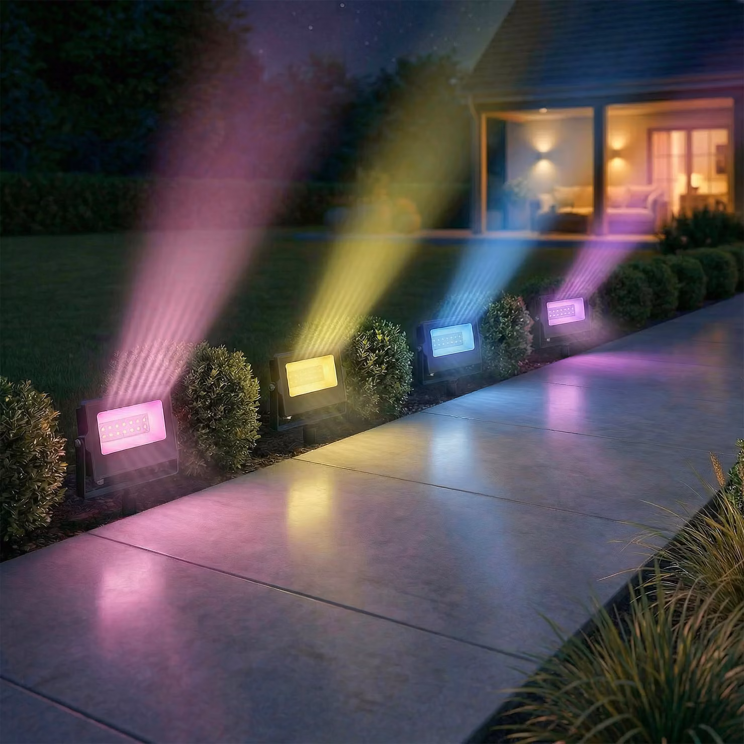 Outsunny 4-Pack 32W RGBW LED Floodlights with Remote Control and Timer, Linkable Black Landscape Lighting – 2