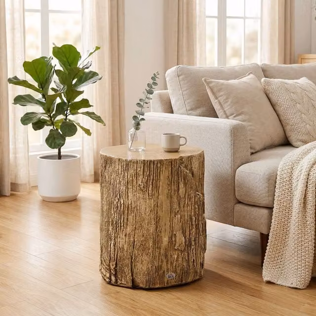 HOMCOM Modern Concrete and Wood Tree Stump Side Table in Brown and Multicolour with Live Edge Round Design