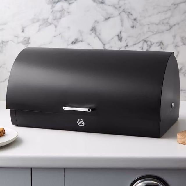 Swan Serenity Metal Bread Bin with Roll Front and Non-Slip Feet, Black