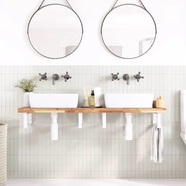 Berkfield Home Elegant Wall Mounted Basin Shelf in Brown Acacia Wood and Steel, W/D/H: 40 x 40 x 19 cm