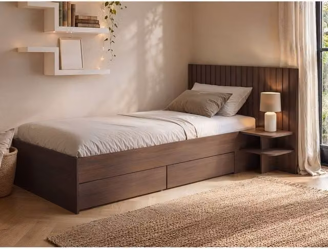 Solace+Co Taylor Single Bed Frame with Drawers and Integrated Bedside Shelf in Walnut