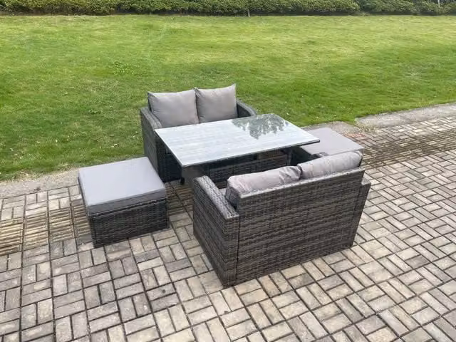 Fimous Garden Patio Furniture Set with Oblong Rectangular Rattan Dining Table, Loveseat Sofa and 2 Footstools in Dark Grey