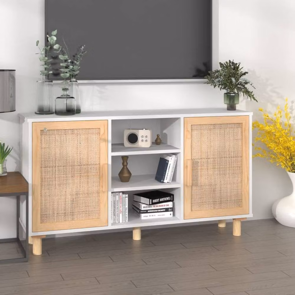 Berkfield Home White Sideboard in Solid Pine and Natural Rattan, W/D/H: 105 x 30 x 60 cm – 2
