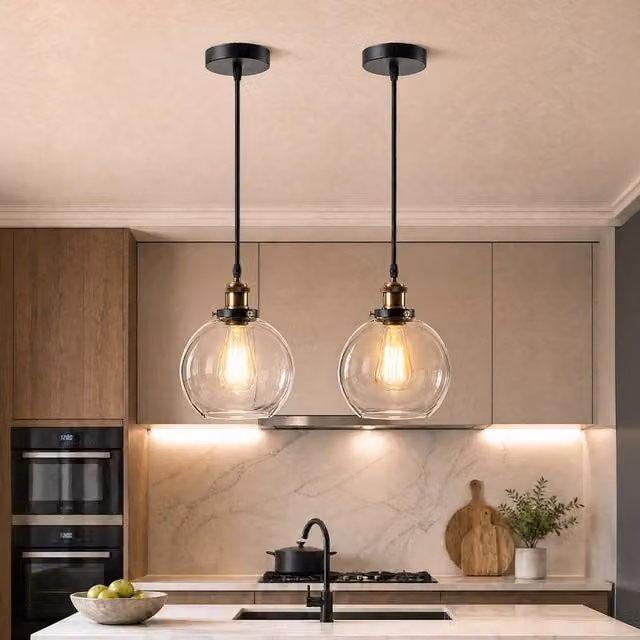 Emitto Set of 2 Industrial Glass Sphere Pendant Lights in Black with Transparent Shades and Adjustable Cables – 1