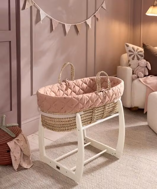 Mamas & Papas Welcome to the World Wildflower Moses Basket in Cream and Pink Floral Rattan