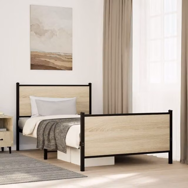 Berkfield Home Metal Bed Frame in Sonoma Oak, Brown, W/D/H: 100 x 200 cm