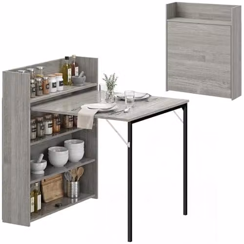 HOMCOM Folding Dining Table with 4-Tier Shelves in Grey Wood Effect and Black – 1
