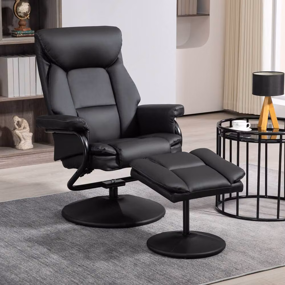 STILVORA Black Synthetic Leather Recliner Chair with Matching Footstool and 360 Degree Swivel Function – 2