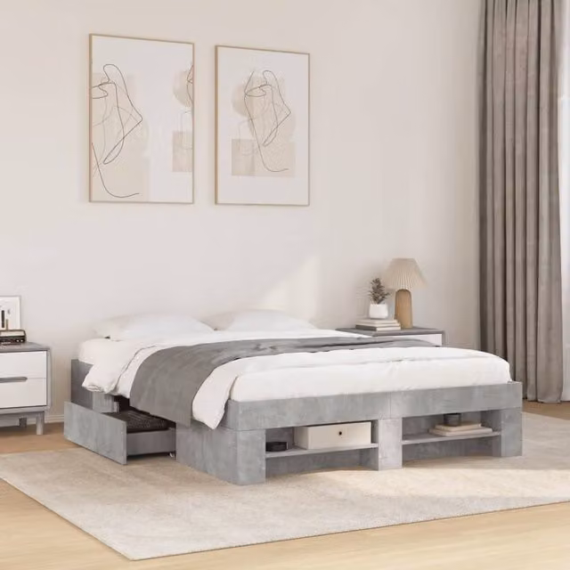Berkfield Home Engineered Wood Bed Frame in Concrete Grey, W/D/H: 135 x 190 cm – 1