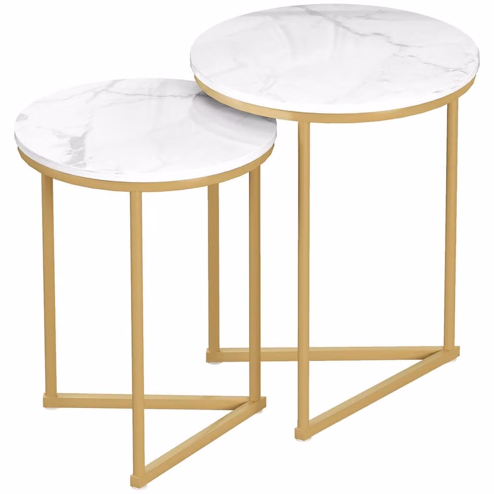 Wyld Haus Keroro Set of 2 Round Nesting Tables with White Marble Effect Tops and Gold Frames – 2