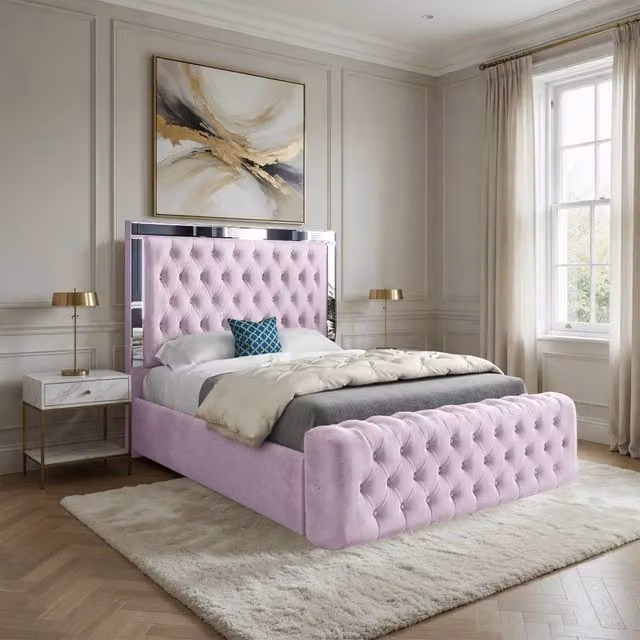 Casani Loweswater Small Single Mirror Upholstered Designer Bed Frame in Pink Soft Velvet