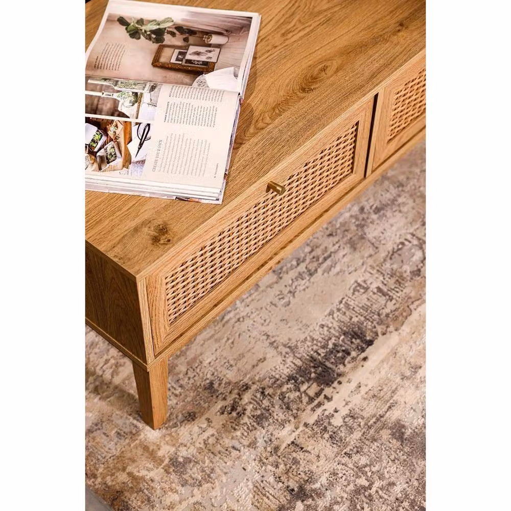 Lemon Pavilion Furniture Bordeaux Coffee Table in Brown Oak with Rattan Details, W: 110.2 cm, D: 50 cm, H: 43.2 cm – 4