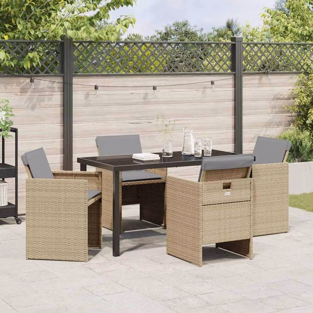Berkfield Home 5-Piece Beige Poly Rattan Garden Dining Set with Glass Top and Powder Coated Steel Frame – 3