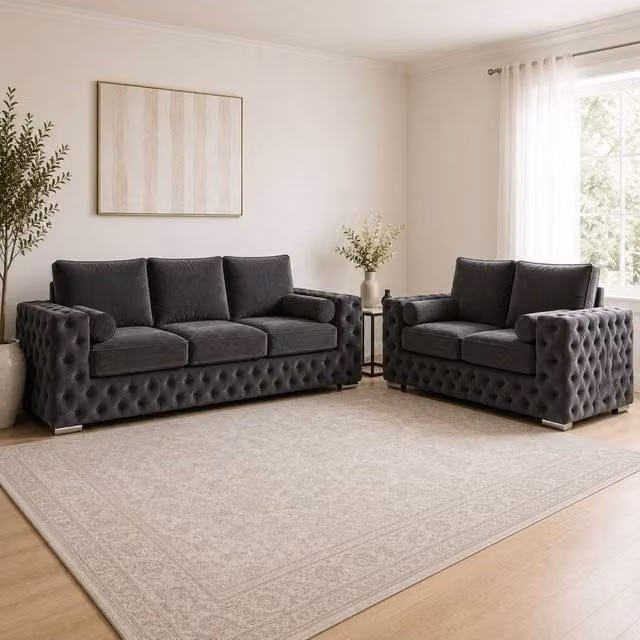 Stratus Interiors Ashley Full Back Chesterfield Upholstered Fabric Sofa 2 and 3 Seater Set in Dark Grey