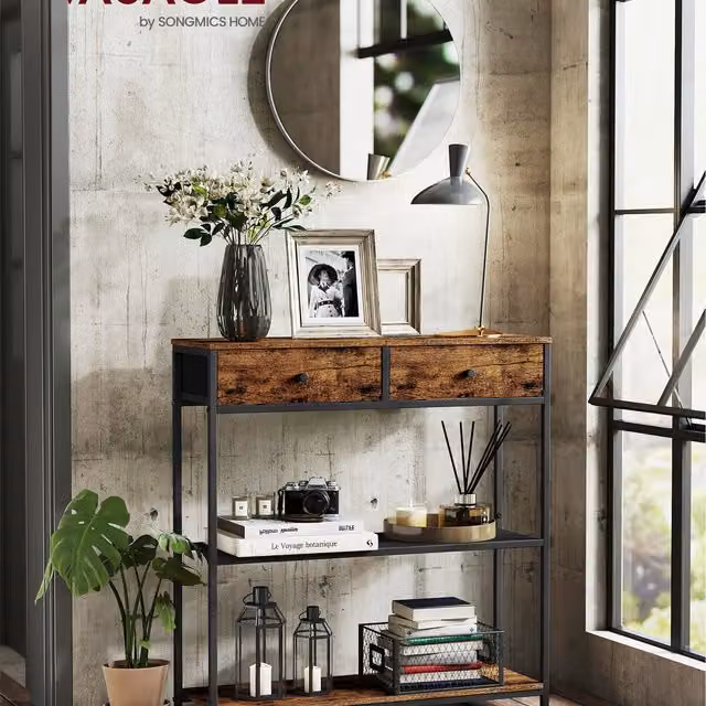 VASAGLE Narrow Console Table with 2 Fabric Drawers in Brown and Black