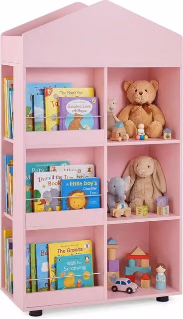 COSTWAY Wooden Kids Toddler Dollhouse Bookcase and Toy Storage in White and Pink
