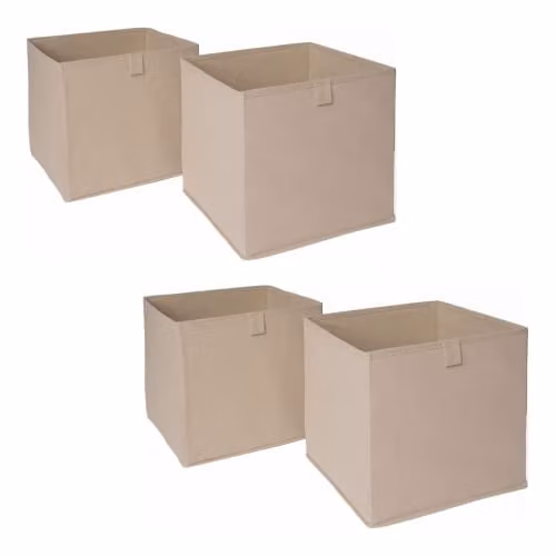 OHS Set of 4 Fabric Foldable Storage Boxes with Handles in Beige, W/D/H: 27.0 x 27.0 x 27.0 cm