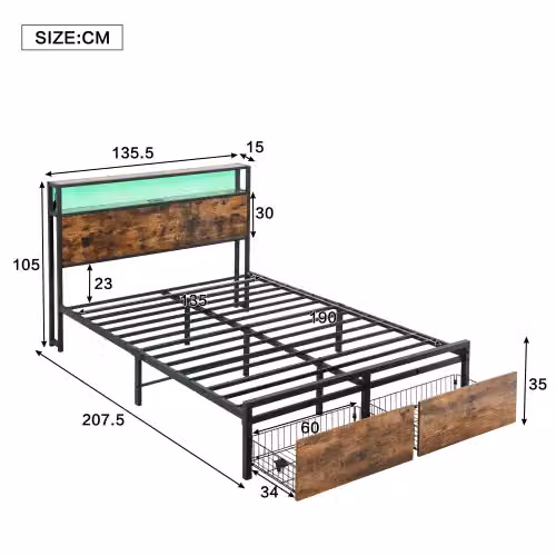 Matteo Black Metal Double Bed with LED Light Strip, 2 Drawers and USB Charging Ports, 140 x 200 cm – 3