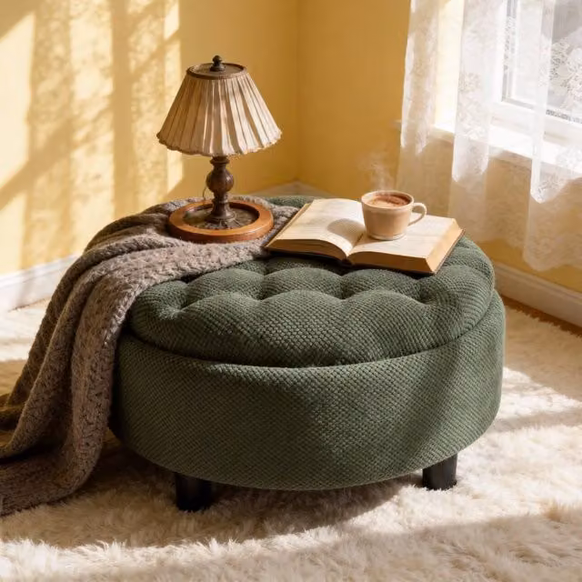 Rolipo Dark Green Round Fabric Storage Ottoman with Wooden Tray Top – 1