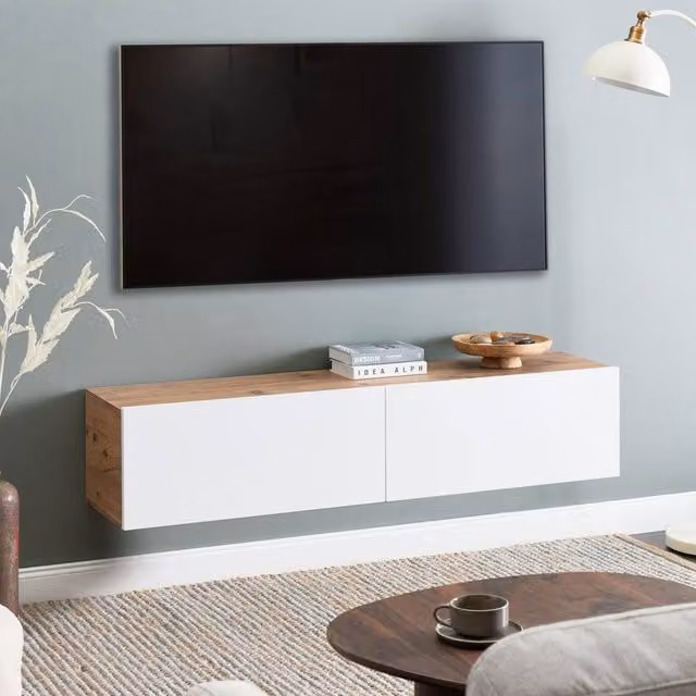 Wyld and Coco White and Brown Wall-Mounted TV Stand for up to 55 inch TVs with 2 Cabinets