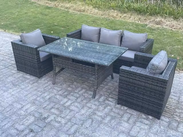 Fimous 5 Seater PE Wicker Rattan Garden Furniture Set with Rectangular Dining Table in Dark Grey