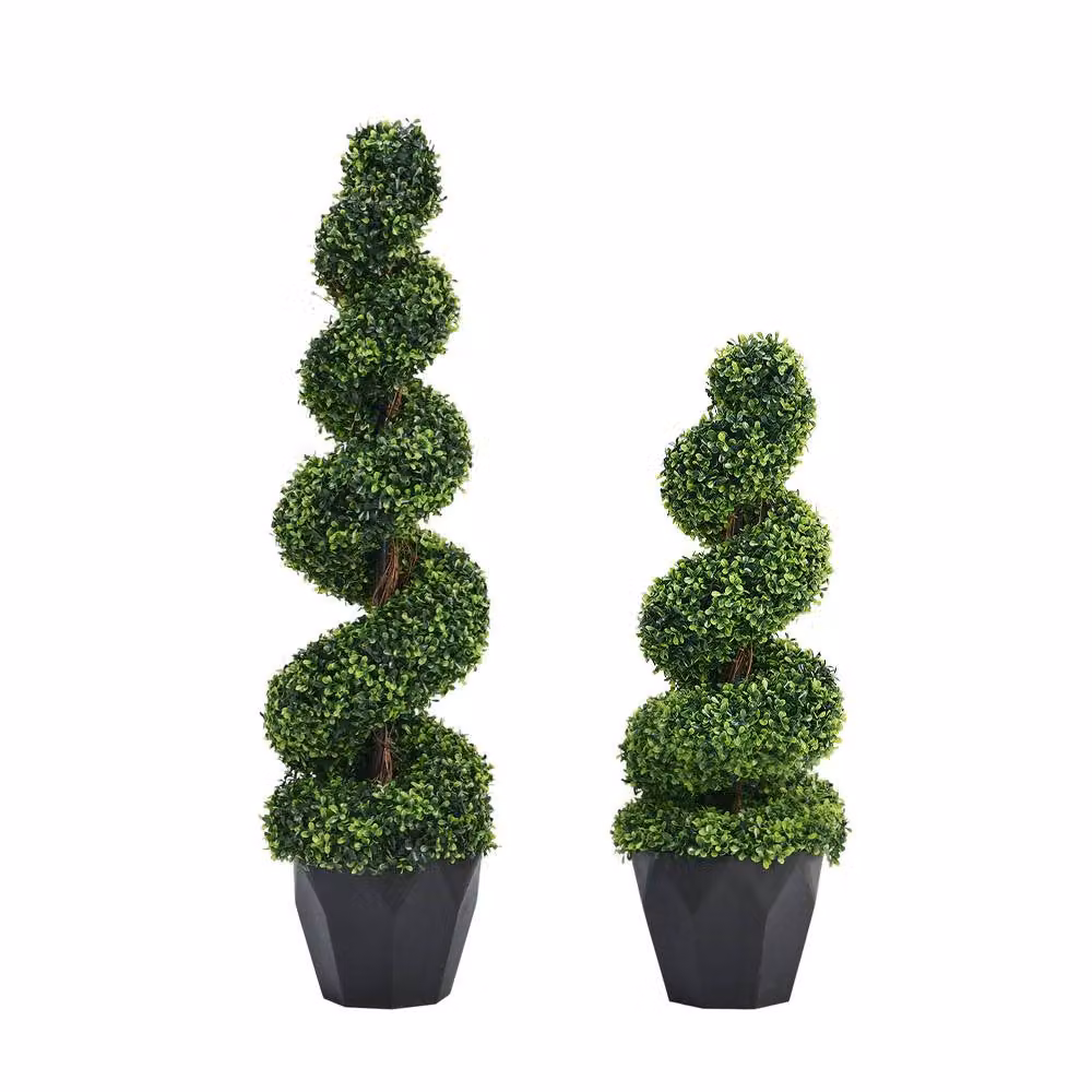 Garden Sanctuary 2 Pack Artificial Green Spiral Boxwood Topiary Trees – 2