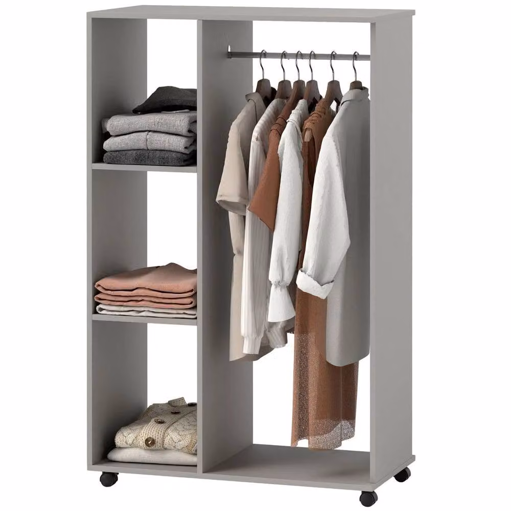 FORGEVIO Rolling Open Wardrobe with Hanging Rail and Storage Shelves in Matt Grey, W/D/H: 80 x 40 x 128 cm – 2