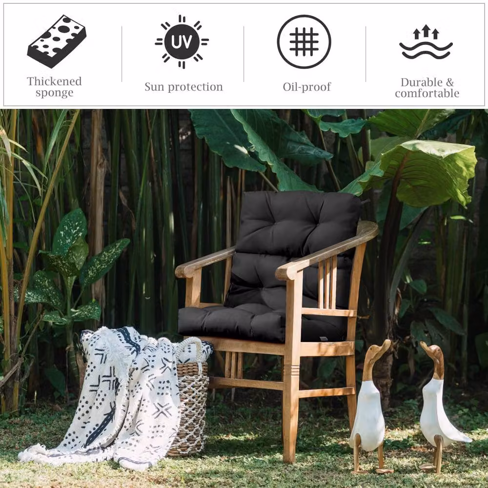 Gymax High Back Patio Chair Seat Cushion with Non-slip Rope Belts in Black – 7