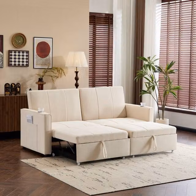 Merax 3-Seater Convertible Sofa Bed in Beige with Pull-Out Drawer and Cup Holders