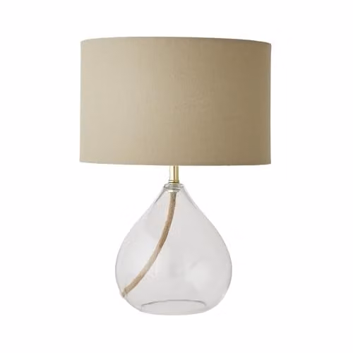 ValueLights Eloise Teardrop Table Lamp with Clear Glass Base, Beige Linen Drum Shade and Included LED Bulb