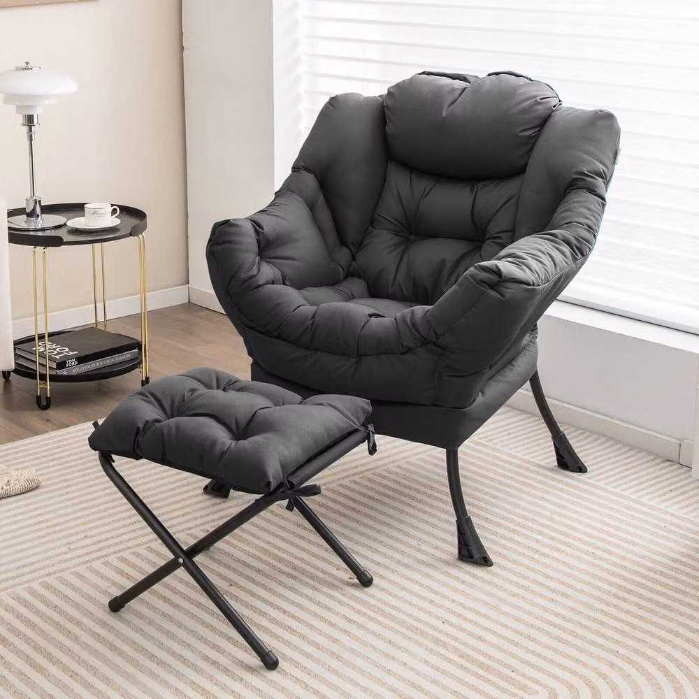 Costway Modern Grey Fabric Lazy Lounge Chair with Ottoman and Pillow – 3
