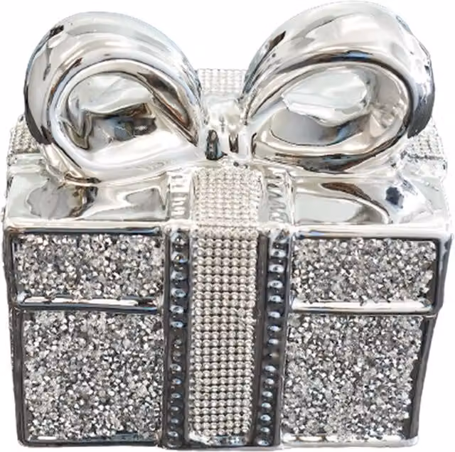 Biznest Silver Ceramic Crushed Diamond Sparkling Square Gift Box Tabletop Ornament