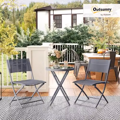 Outsunny 3 Piece Outdoor Bistro Set with Glass Top Round Table and 2 Folding Chairs in Grey – 2