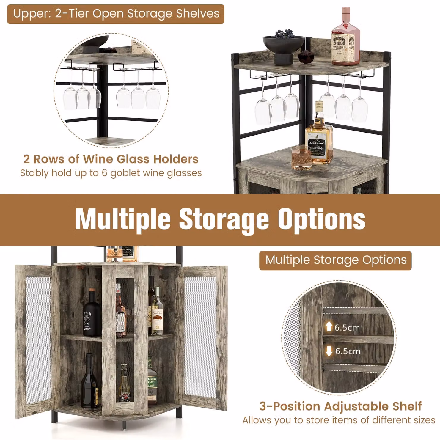 Costway Industrial Corner Bar Cabinet with Glass Holder and Mesh Doors in Brown – 4