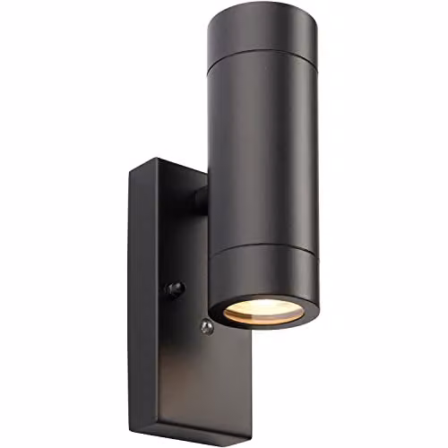 Loops Twin Up & Down IP44 Wall Light in Matt Black Stainless Steel with Transparent Glass, Dusk Sensor and Dimmable LED GU10 Compatibility