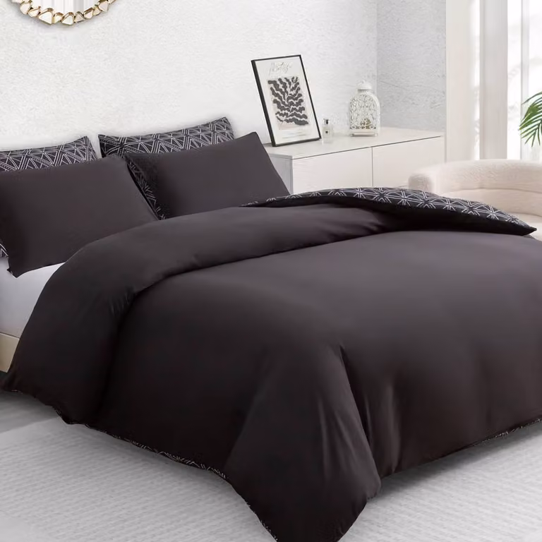 Pamposh Reversible Black Brushed Microfibre Duvet Cover and Pillowcase Set, Super King, 200 x 200 cm