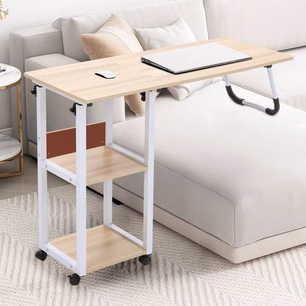 KORVIXA Drop Leaf Over Bed Table, C-Shaped Height Adjustable Side Table in Beige, H 100 x W 91 x D 100 cm – 2