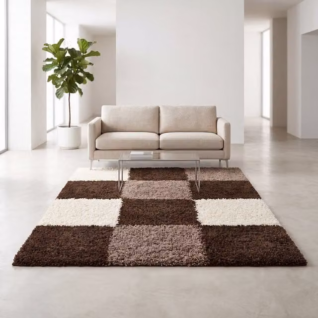Bravich California Checked Shaggy Rug in Brown, W: 230 cm, D: 60 cm