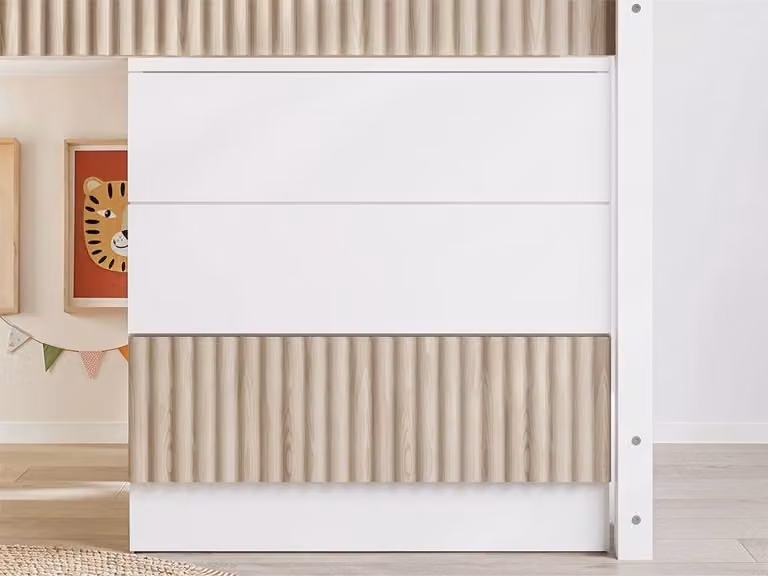 Flair Luca Ribbed Mid Sleeper Bed with 3 Drawer Chest and Stairs in White, Single Size (90 x 190 cm)