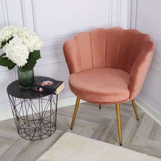 Home Garden Direct Flora Velvet Accent Chair with Scalloped Shell Design in Pink