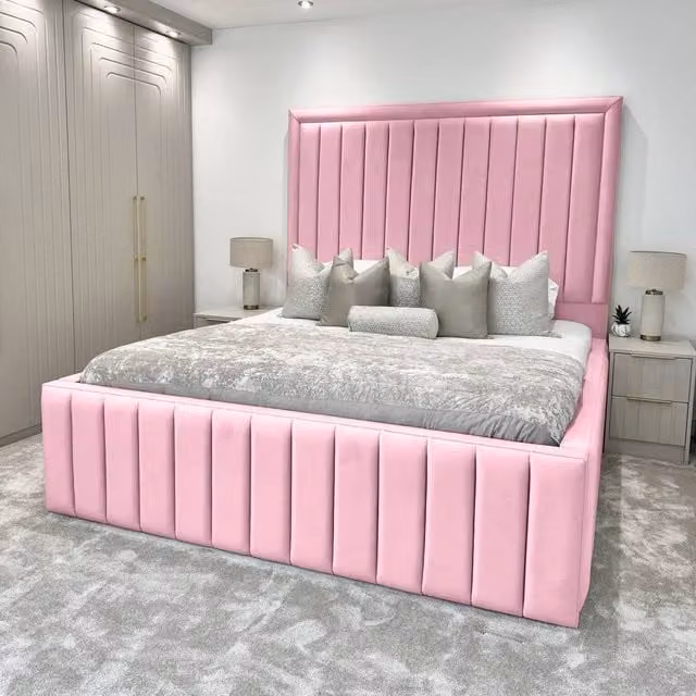 Living Comfort Bedz Hampton Upholstered Slatted Base Bed with 54-Inch Panel Headboard in Pink, Size: Super King, W/D/H: 200 x 200 cm