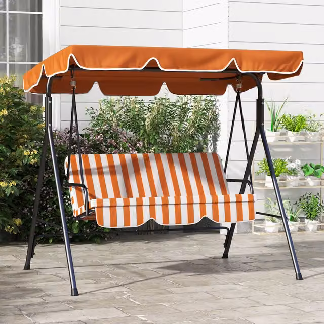 Outsunny 3 Seater Swing Chair with Adjustable Striped Sun Canopy in Orange