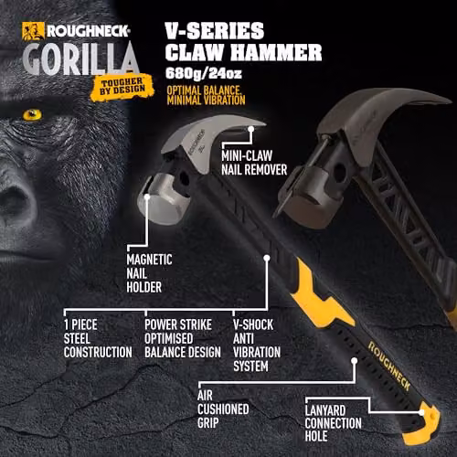 Roughneck Gorilla V-Series Forged Steel Claw Hammer, 680g, Black and Yellow – 3