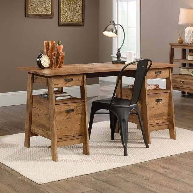 Teknik Vintage Oak Executive Trestle Writing Desk in Brown