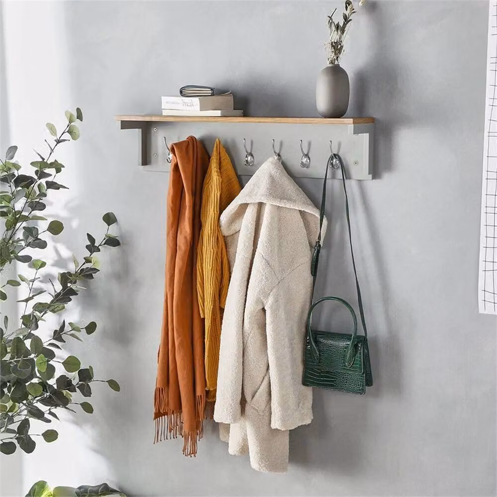 VOGREX Wooden Wall Coat Rack with Shelf and 7 Double Hooks, Brown, W: 80 cm, H: 45.7 cm, D: 17 cm – 3