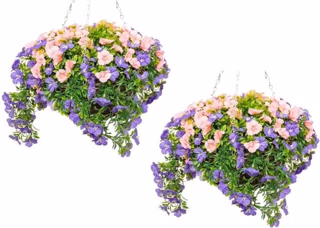 Primrose Hanging Rattan Basket with Multicolour Purple Artificial Petunias