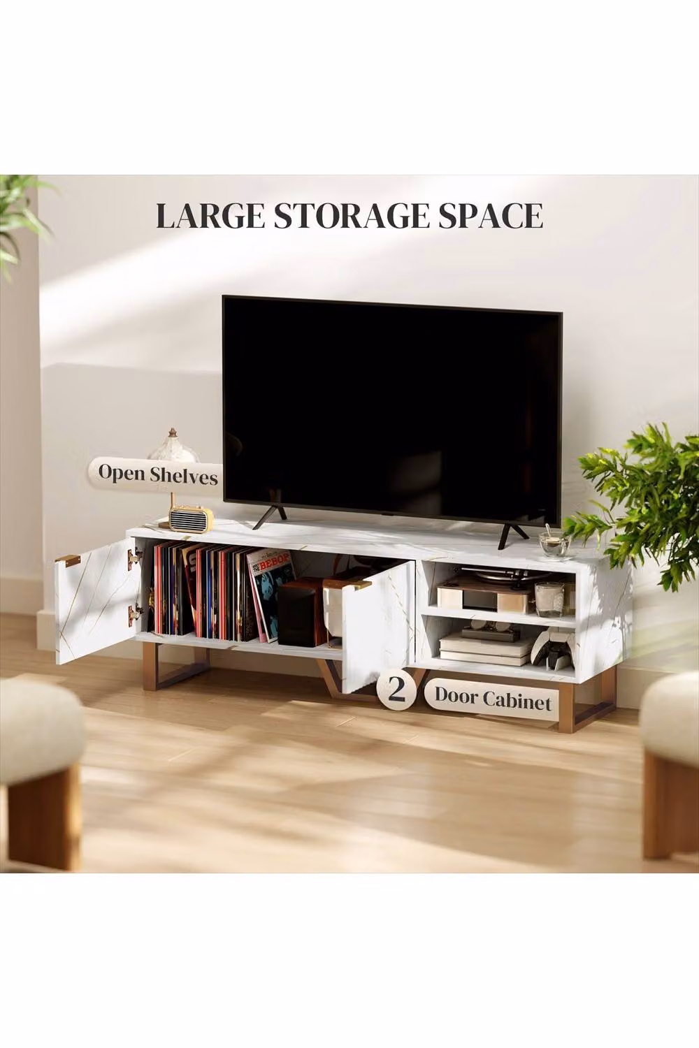 ERGOVEXA Marble Effect TV Unit in White, Modern TV Stand Cabinet for up to 70 inch TVs, W: 140.0 cm, D: 39.0 cm, H: 47.0 cm – 2
