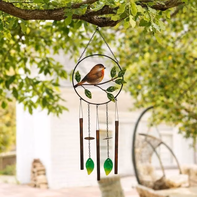 Widdop and Co Robin Hanging Windchime in Brown and Multicolour with Bird and Leaf Design, H 72 cm x W 26 cm x D 5 cm