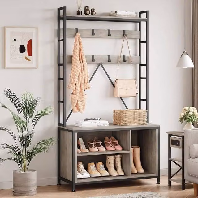 KORVIXA Grey 5 in 1 Hall Tree Bench with Coat Rack and Shoe Storage, Width: 90 cm – 1